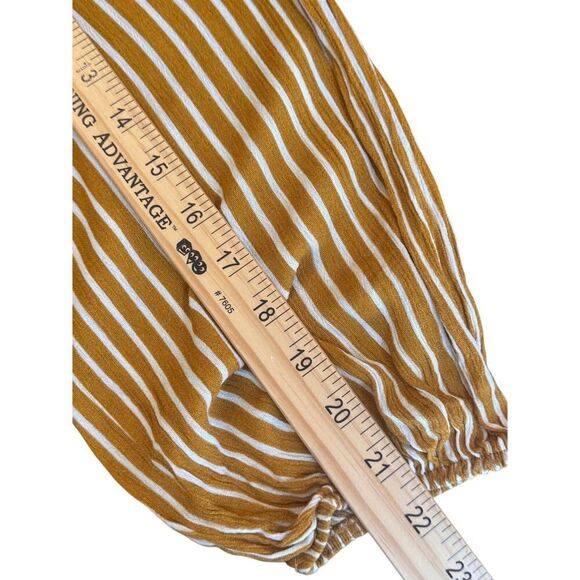 🌟 EVERLY Mustard Yellow & White Striped Long Sleeve Blouse Boho Chic V-Neck Top - Picture 8 of 10